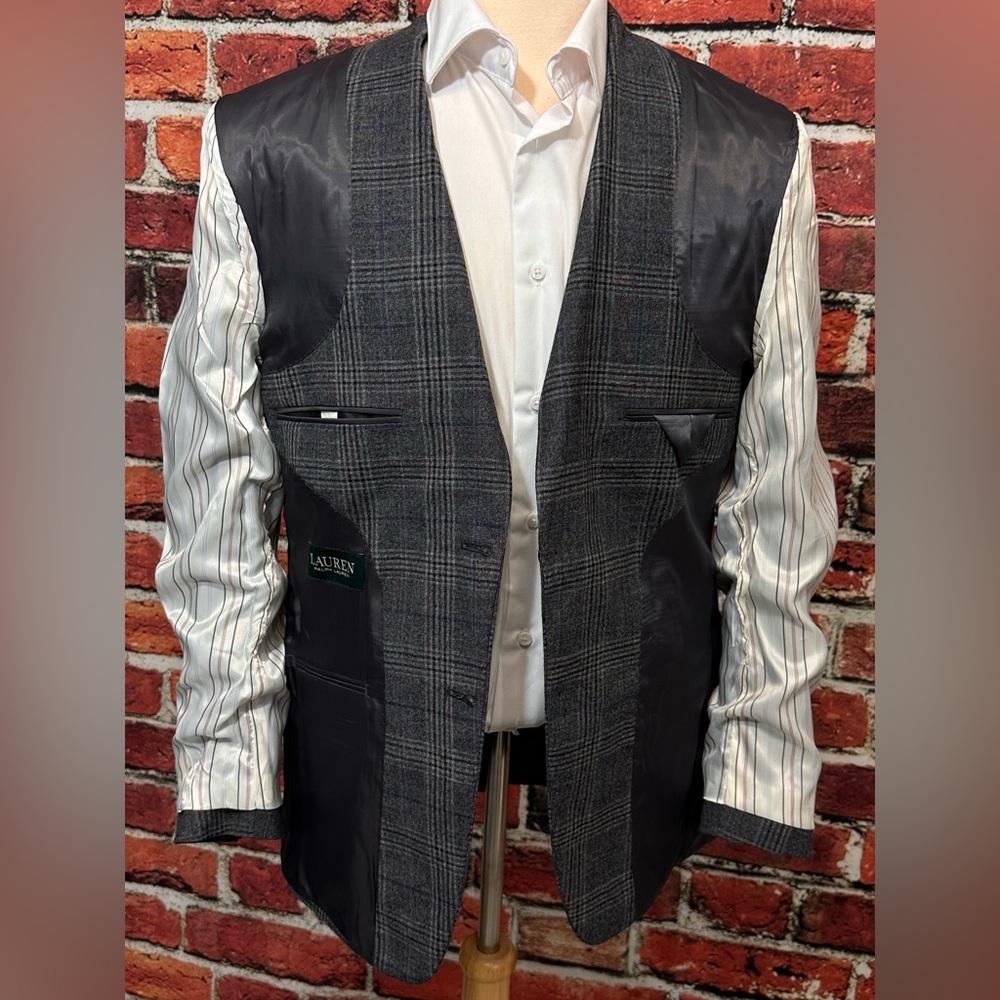LAUREN RALPH LAUREN MENS BLAZER SIZE 38 GREY BLUE PLAID LEXINGTON FLEX JACKET - Picture 10 of 13